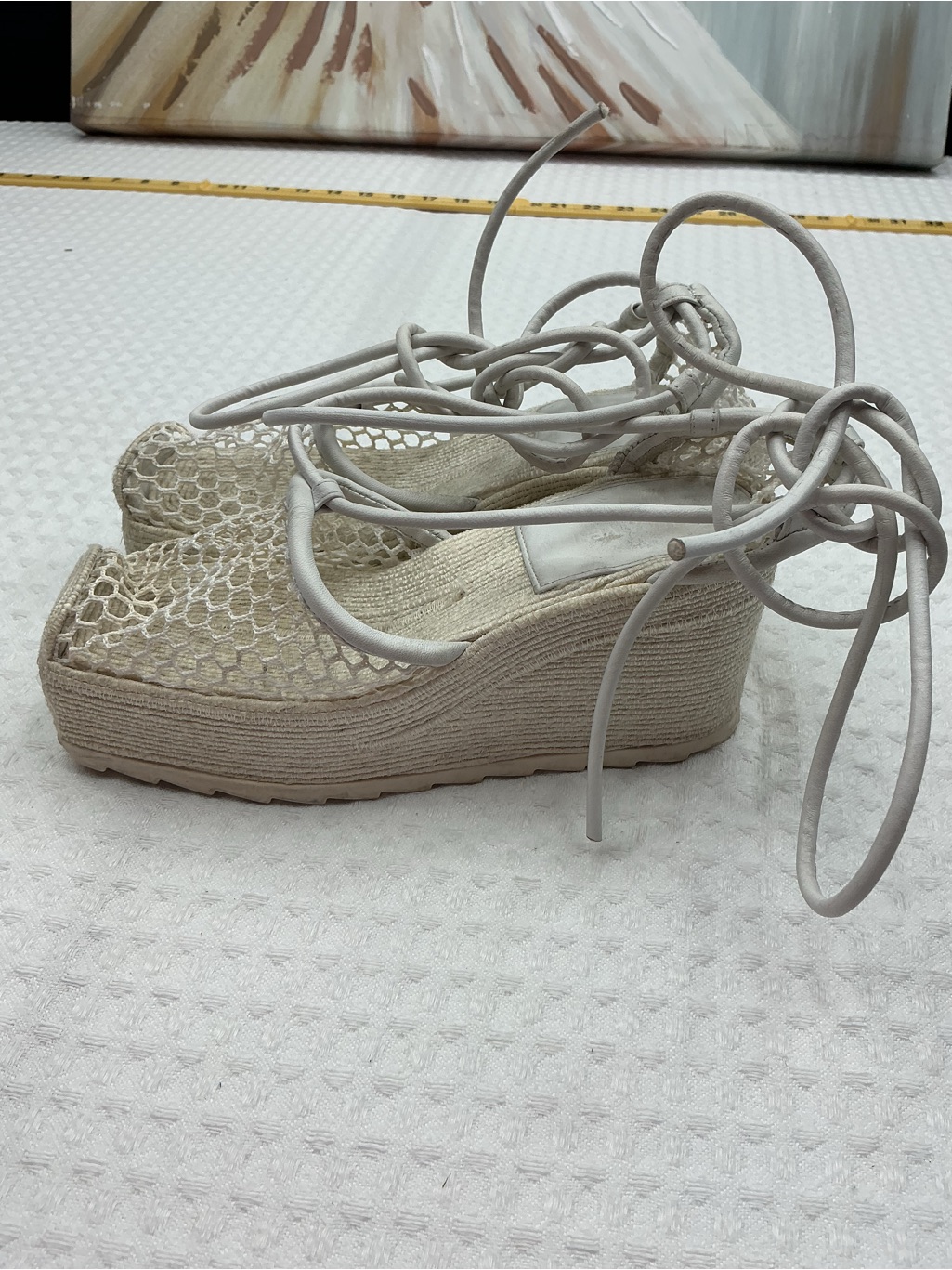 Bottega Veneta Cream Woven Lace-Up Platform Sandals